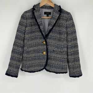 J Crew Lady Jacket Size 0 Womens Navy Fringe Tweed Gold Crest Buttons Blazer